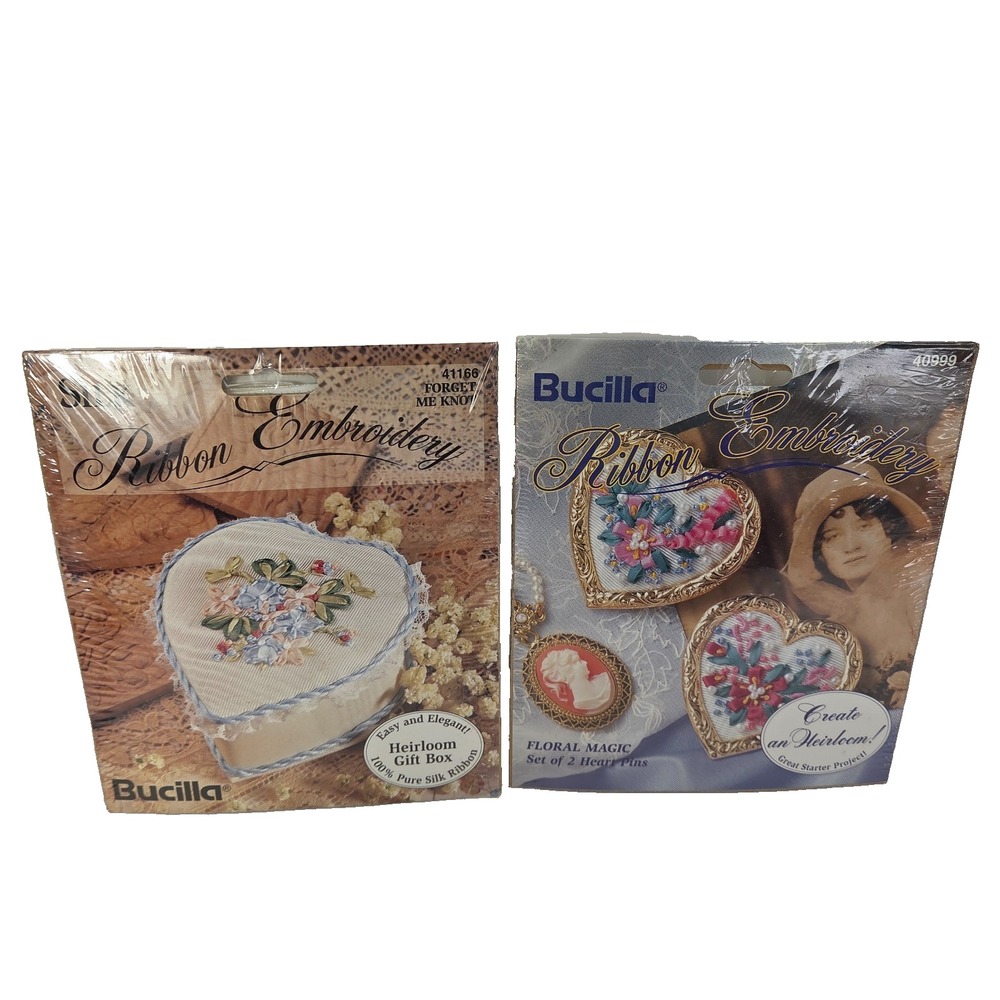 Bucilla Forget Me Knot Box and Floral Magic Brooches Silk Ribbon Embroidery Kits